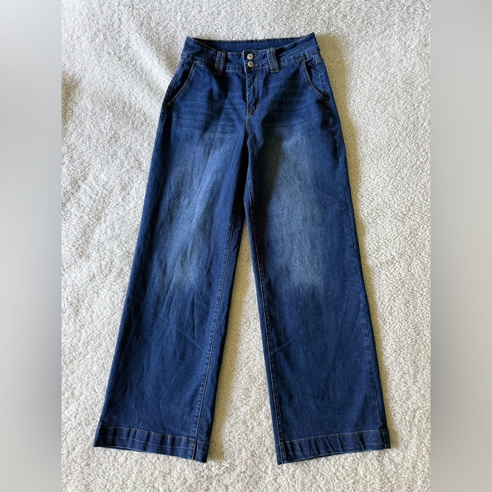 Women's High Rise Wide Leg Medium Dark Blue Wash Denim Jeans Size 10 NWOT